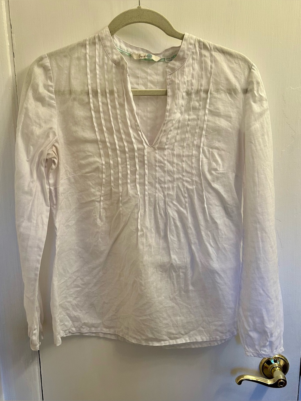 Boden 100% Linen Top White Pin Tuck V Neck Tunic Long Sleeve Womens US 4